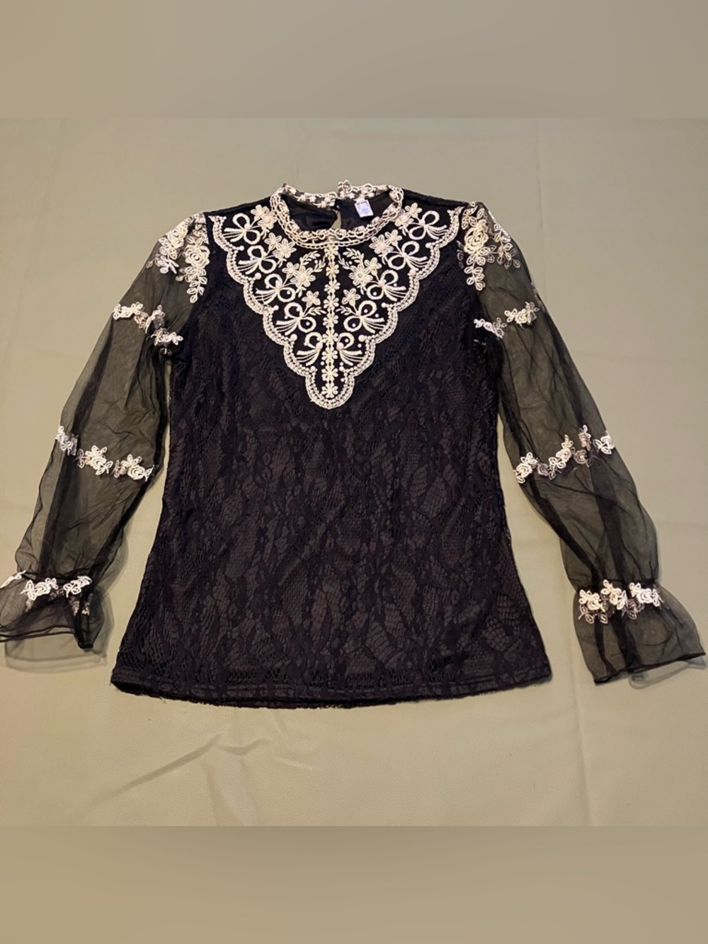 Whimsigoth maximalist black lace embroidered top with sheer sleeve pearl